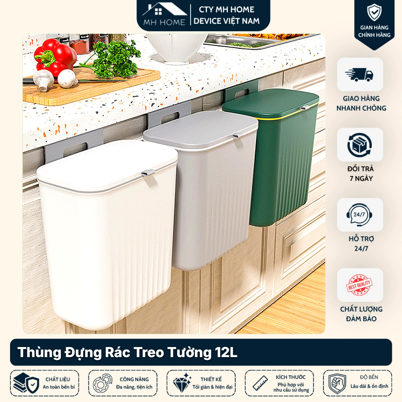 Thùng Rác Treo Tường Nhà Bếp 12L Có Nắp Vỏ Sò Thông Minh - Thùng Rác Treo Cánh Cửa Tủ Chống Mùi Tiện Lợi MH